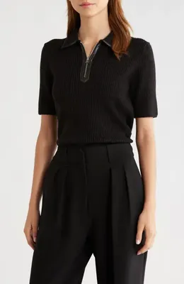 rag & bone rag & bone Caterina Faux Leather Piped Rib Wool Blend Sweater Polo in Dark Brown — Women Winter black Polos