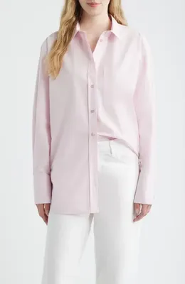 FRAME FRAME The Boy Linen Button-Up Shirt in Bubble Gum — Women Spring pink Tops