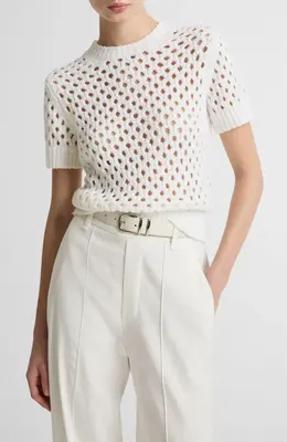 Vince Vince Boxy Honeycomb Knit Short Sleeve Sweater in Optic White — Women Winter white Tops