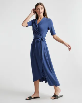 Quince Quince | Women's Tencel Jersey Midi Wrap Dress in Navy — Women Winter navy Midi Dresses