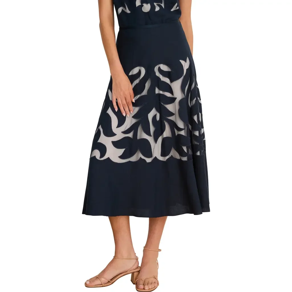 NIC+ZOE NIC+ZOE Antibes Linen Blend Cutout Skirt in Dark Indigo — Women Winter navy Skirts