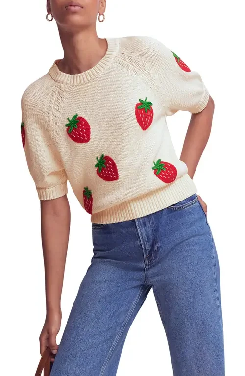 Boden Boden Margot Short Sleeve Strawberry Sweater in Strawberry — Women Spring white Tops