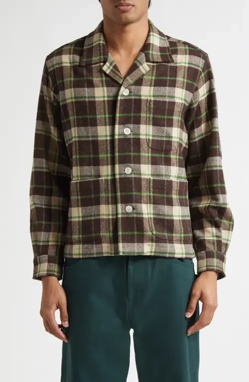 Bode Bode Woodcrest Plaid Wool Flannel Overshirt in Brown Green — Men Autumn chocolate Tops