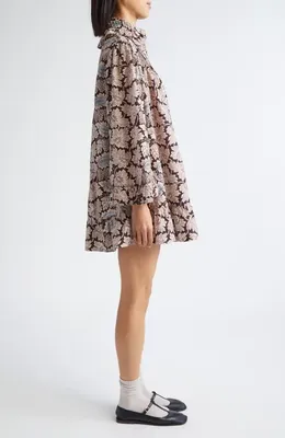 Bode Bode Wisteria Long Sleeve Cotton & Silk Minidress in Mauve — Women Autumn tan Dresses