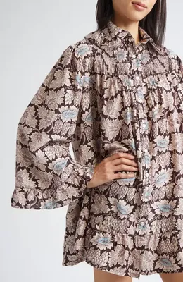 Bode Bode Wisteria Long Sleeve Cotton & Silk Minidress in Mauve — Women Autumn tan Dresses