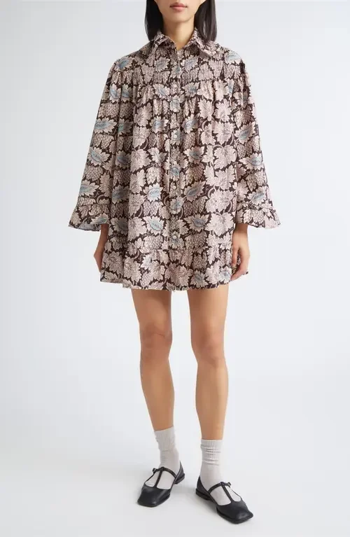 Bode Bode Wisteria Long Sleeve Cotton & Silk Minidress in Mauve — Women Autumn tan Dresses