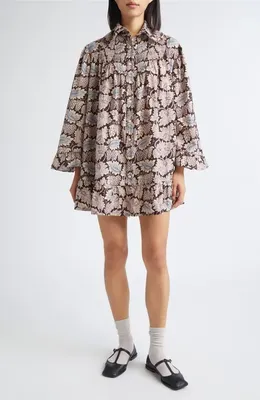 Bode Bode Wisteria Long Sleeve Cotton & Silk Minidress in Mauve — Women Autumn tan Dresses