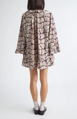 Bode Bode Wisteria Long Sleeve Cotton & Silk Minidress in Mauve — Women Autumn tan Dresses