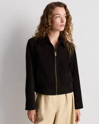 Quince Quince | Women's 100% Suede Cropped Zip-Front Jacket in Charcoal Black — Women Winter black Outerwear