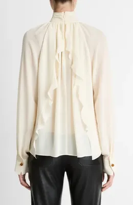 Vince Vince Draped Ruffle Mock Neck Crepe Top in Cream — Women Spring white Blouses