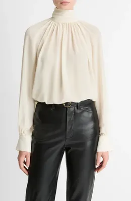 Vince Vince Draped Ruffle Mock Neck Crepe Top in Cream — Women Spring white Blouses