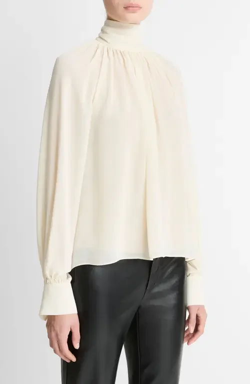Vince Vince Draped Ruffle Mock Neck Crepe Top in Cream — Women Spring white Blouses