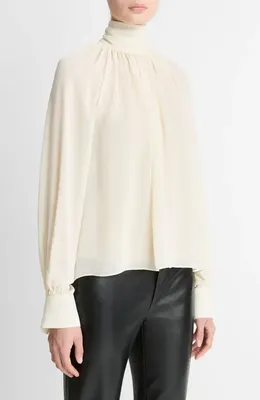 Vince Vince Draped Ruffle Mock Neck Crepe Top in Cream — Women Spring white Blouses