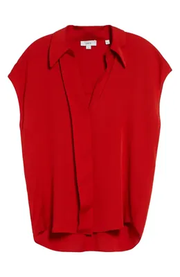 Vince Vince Cap Sleeve Stretch Silk Button-Up Shirt in Poppy — Women Autumn red Tops