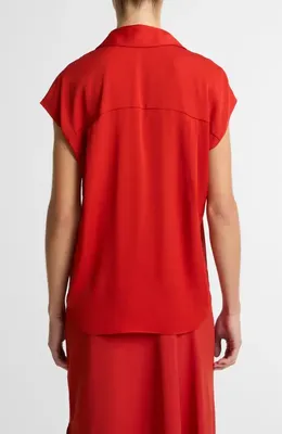 Vince Vince Cap Sleeve Stretch Silk Button-Up Shirt in Poppy — Women Autumn red Tops
