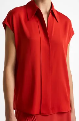 Vince Vince Cap Sleeve Stretch Silk Button-Up Shirt in Poppy — Women Autumn red Tops