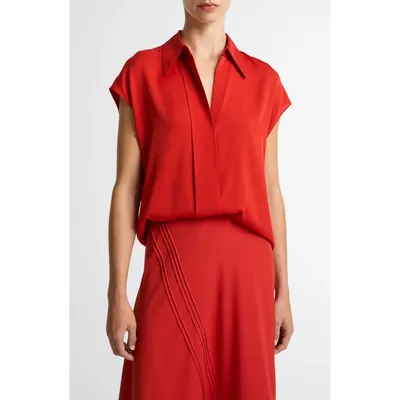 Vince Vince Cap Sleeve Stretch Silk Button-Up Shirt in Poppy — Women Autumn red Tops
