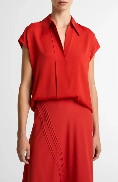Vince Vince Cap Sleeve Stretch Silk Button-Up Shirt in Poppy — Women Autumn red Tops