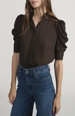FRAME FRAME The Houndstooth Gillian Silk Button-Up Shirt in Americano Multi — Women Autumn black Button-Down Shirts