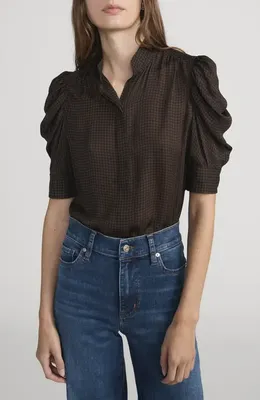 FRAME FRAME The Houndstooth Gillian Silk Button-Up Shirt in Americano Multi — Women Autumn black Button-Down Shirts