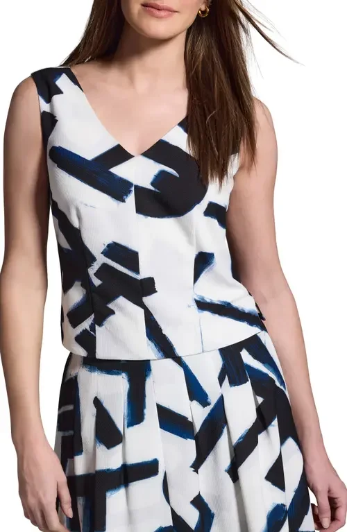 NIC+ZOE NIC+ZOE Iconic Letterpress Print Sleeveless V-Neck Knit Top in Black Multi — Women Winter white Tops