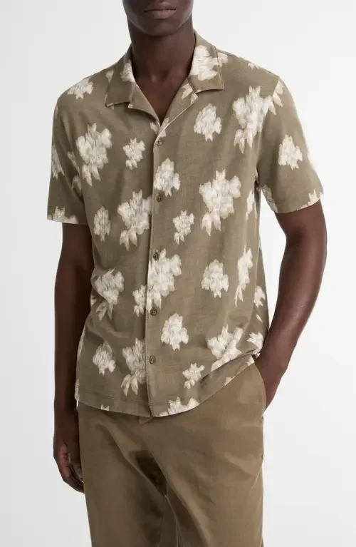 Vince Vince Floral Slub Cotton Camp Shirt in Kalamata Combo — Men Autumn khaki Tops