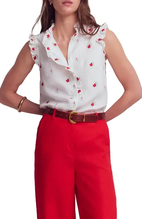 Boden Boden Isabel Embroidered Linen Sleeveless Button-Up Shirt in Floral Embroidery — Women Spring white Tops
