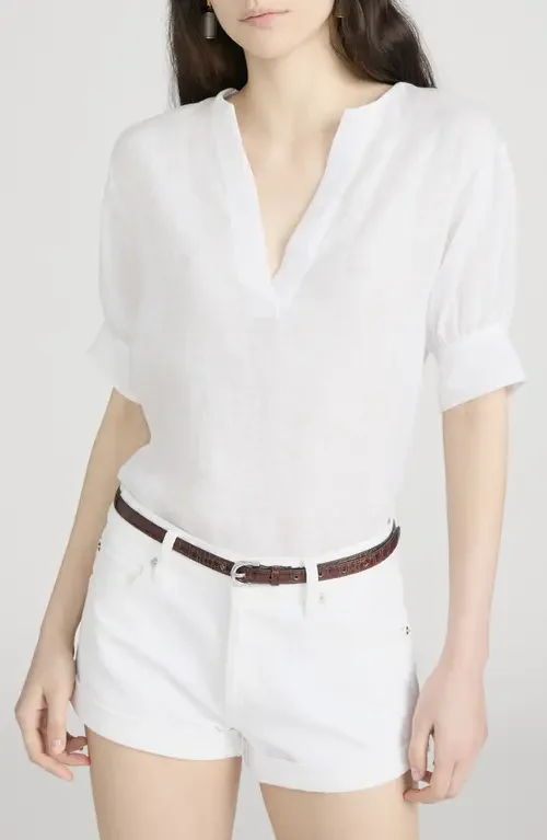 FRAME FRAME The V-Neck Linen Popover Top in White — Women Winter white Blouses