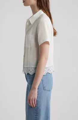 FRAME FRAME The Embroidered Seaside Ramie Button-Up Top in White — Women Winter white Tops