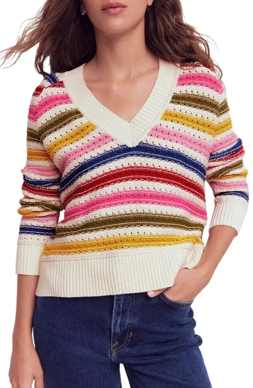 Boden Boden Maeve Stripe Pointelle Detail Cotton Sweater in Multi Stripe — Women Spring white Tops