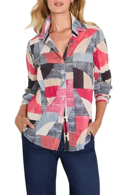NIC+ZOE NIC+ZOE Set Sail Crinkle Cotton Button-Up Shirt in Red Multi — Women Spring red Tops