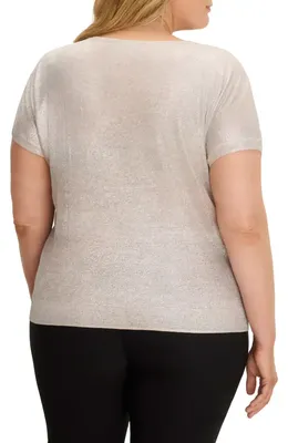 NIC+ZOE NIC+ZOE Glazed Feather Knit Short Sleeve Sweater in Cobblestone — Women Autumn silver Tops