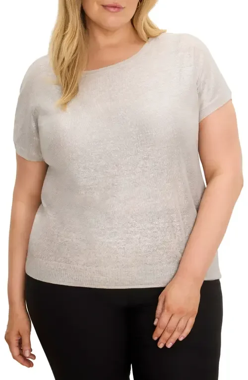 NIC+ZOE NIC+ZOE Glazed Feather Knit Short Sleeve Sweater in Cobblestone — Women Autumn silver Tops