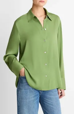Vince Vince Stretch Silk Button-Up Shirt in Clover — Women Spring khaki Button-Down Shirts