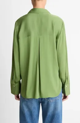 Vince Vince Stretch Silk Button-Up Shirt in Clover — Women Spring khaki Button-Down Shirts