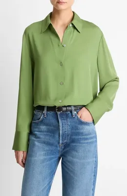Vince Vince Stretch Silk Button-Up Shirt in Clover — Women Spring khaki Button-Down Shirts