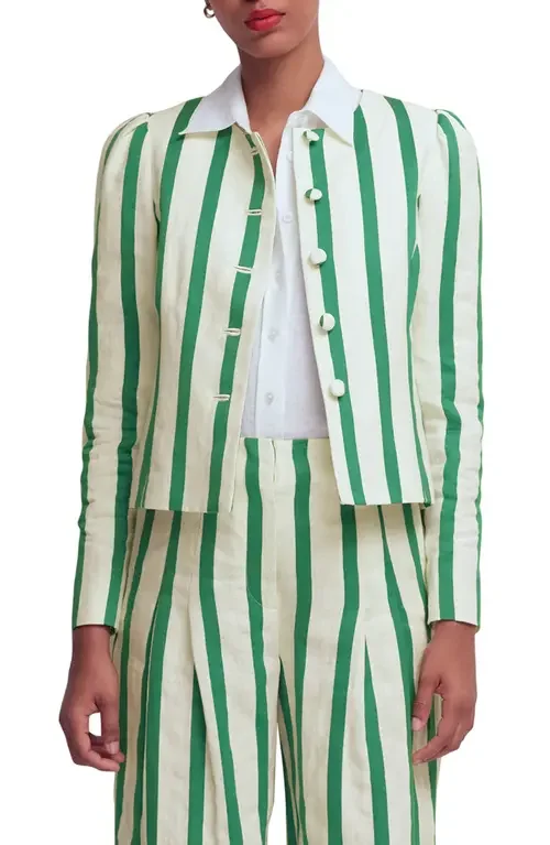 Boden Boden Salisbury Stripe Puff Sleeve Linen & Cotton Jacket in Ivory, Fresh Green Stripe in Ivory/ Fresh Green Stripe — Women Spring white Outerwear