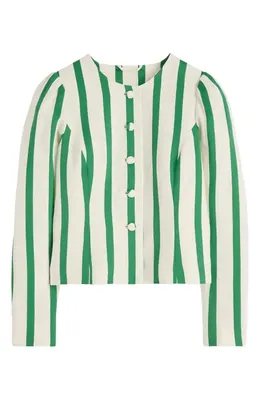 Boden Boden Salisbury Stripe Puff Sleeve Linen & Cotton Jacket in Ivory, Fresh Green Stripe in Ivory/ Fresh Green Stripe — Women Spring white Outerwear