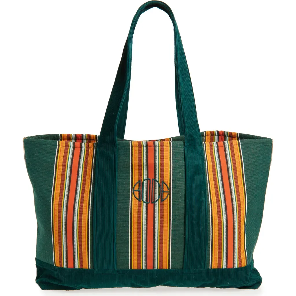 Bode Bode Parakeet Stripe Canvas & Corduroy Tote in Green Multi — Unisex Autumn teal Accessories