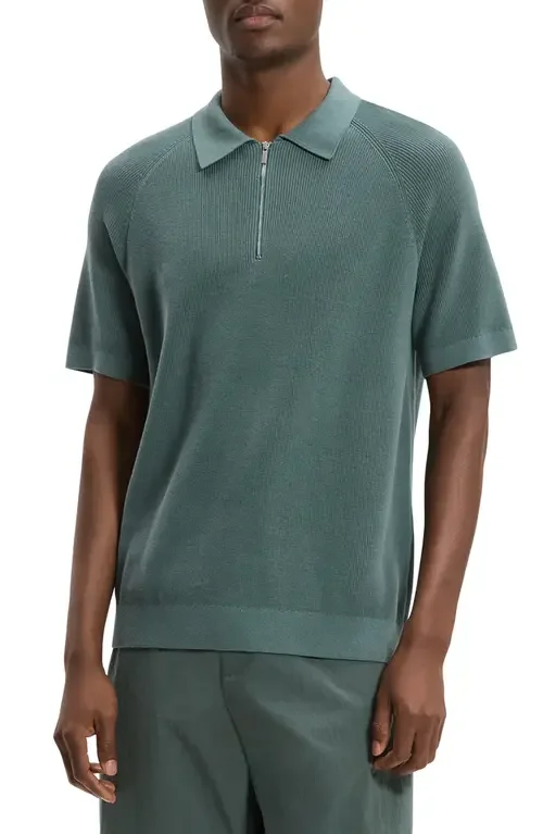 Theory Theory Tactile Cotton Quarter Zip Polo in Light Pine Grove — Men Summer teal Tops