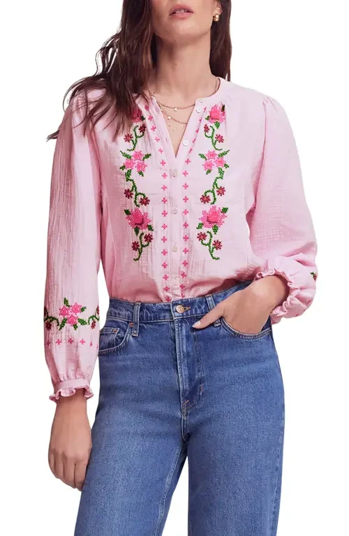 Boden Boden Camille Double Cloth Button-Up Shirt in Pink Embroidery — Women Spring pink Tops