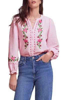 Boden Boden Camille Double Cloth Button-Up Shirt in Pink Embroidery — Women Spring pink Tops
