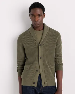 Quince Quince | Men's Ribbed Shawl-Collar Cardigan Sweater in Bayberry Olive — Men Autumn green Sweaters & Knits