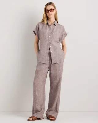 Quince Quince | Women's 100% European Linen Wide Leg Pants in Taupe Brown Chambray — Women Autumn grey Trousers & Chinos