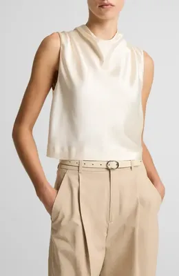 Vince Vince Cowl Neck Sleeveless Satin Top in Flax — Women Spring white Tops