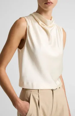 Vince Vince Cowl Neck Sleeveless Satin Top in Flax — Women Spring white Tops