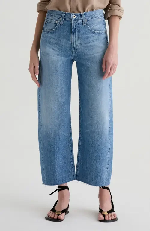 AG AG Hattie Raw Hem High Waist Crop Barrel Leg Jeans in 17 Years Divergent — Women Summer blue Pants