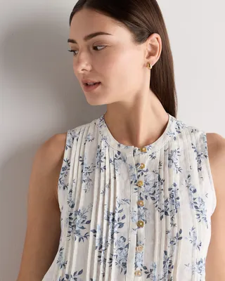 Quince Quince | Women's 100% European Linen Sleeveless Swing Dress in Ivory Porcelain Blue Petite Floral — Women Summer ivory Dresses