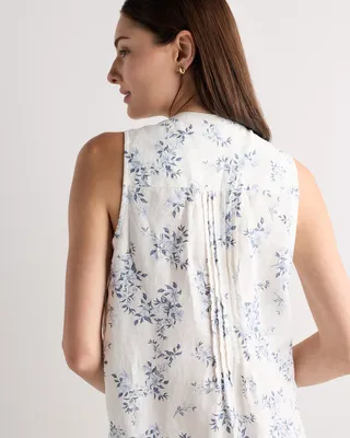 Quince Quince | Women's 100% European Linen Sleeveless Swing Dress in Ivory Porcelain Blue Petite Floral — Women Summer ivory Dresses