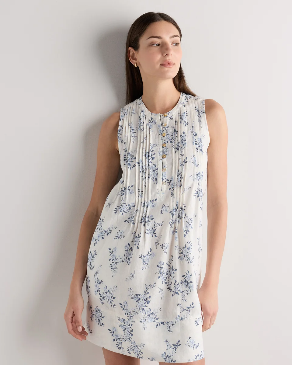 Quince Quince | Women's 100% European Linen Sleeveless Swing Dress in Ivory Porcelain Blue Petite Floral — Women Summer ivory Dresses